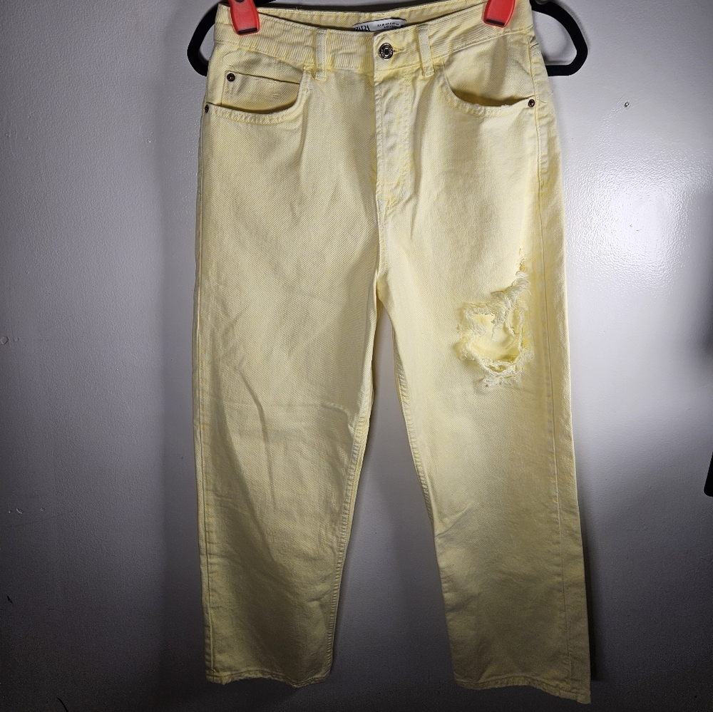 Zara Yellow Straight Leg Jeans Distressed Casual